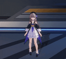a girl in a purple and white dress is standing in a room