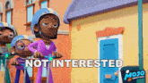 a cartoon of a woman riding a scooter with the words not interested behind her