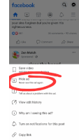 a screenshot of a facebook page with a red circle around the hide ad button