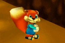 a cartoon squirrel is standing on a wooden surface .