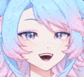 a close up of a anime character with blue and pink hair