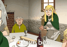 a group of people sitting around a table with the words i love ben written on the bottom
