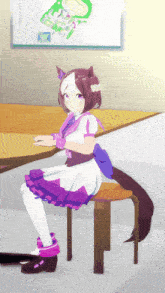 a girl in a purple dress is sitting on a chair