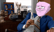 a man in a blue suit and tie is holding a beer