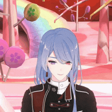 a girl with long blue hair and red eyes stands in front of a candy land