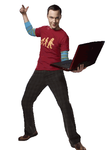 a man in a red shirt is holding a laptop and giving a thumbs up