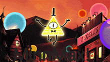 bill cipher from gravity falls stands in front of a building that says odells
