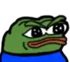 a cartoon of a green frog with a blue shirt and a very angry face .