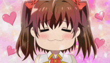 a close up of a girl with hearts surrounding her