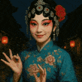a woman in a blue dress with flowers on it