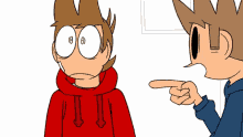 a cartoon character pointing at another character with a red hoodie