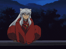 a group of anime characters including inuyasha are sitting on a bench at night