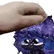 a person is petting a purple cat with a galaxy background on it .