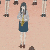 a girl playing a saxophone in front of a crowd