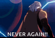 a man in a cape is standing in front of a lightning bolt and the words `` never again '' .
