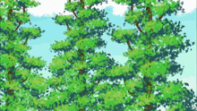 a painting of trees with green leaves and a blue sky