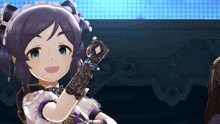a girl with purple hair is wearing a glove with a diamond design on it