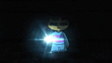 a cartoon character in a dark room with a light behind him