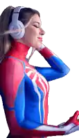 a woman in a spiderman costume is listening to music with headphones