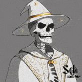 a drawing of a skeleton wearing a wizard hat and a cape