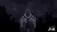 a black and white drawing of a knight with the name jk on the bottom left
