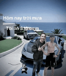 a man and a boy are standing in front of a sports car with the words hom nay troi mura