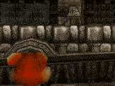 a video game scene with a brick wall and a door