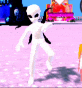 a white alien with black eyes is standing on a pink surface in a video game