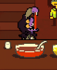 a pixel art drawing of a monster eating soup with a spoon