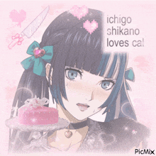 a picture of a girl with a cake and the words ichigo shikano loves ca.