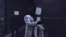 a man in a lab coat has a television head on his head