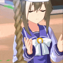 a girl with a braided hair and a white hat is wearing a school uniform