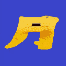 a yellow object is against a blue background and has a hole in the middle