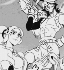 a black and white drawing of a man and a woman with a sword