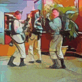 a painting of a group of men standing in front of a plant