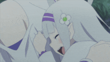 a girl with white hair and a flower in her hair crying