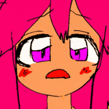 a close up of a cartoon character 's face with pink hair
