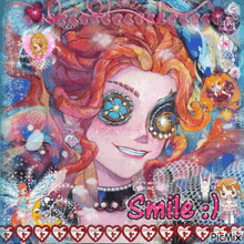 a picture of a girl with hearts around her and the word smile on the bottom