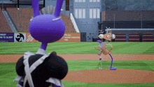 a purple cartoon character is standing on a baseball field