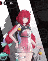 a girl with red hair is standing in front of a sign that says city on it