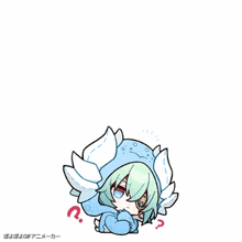 a cartoon drawing of a girl with a blue hoodie and wings