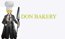 a man in a chef 's hat is holding a knife and the word don bakery is behind him