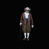 a man in a brown coat and white socks is dancing with an american flag on his head