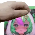 a pixel art of a hand touching a picture of a girl with green hair and purple hair .