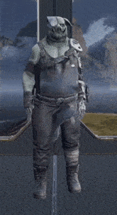 a video game character with a pig 's head is standing in front of a window