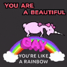 a cartoon of a unicorn standing on top of a rainbow with the words you are a beautiful gay