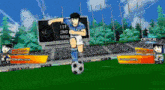 a cartoon of a soccer player kicking a soccer ball on a field .