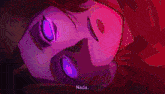 a close up of a woman 's face with purple eyes and the word nada in the lower right corner .