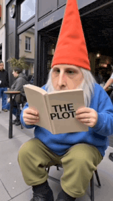a man in a gnome costume is reading a book titled the plot