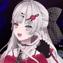 a girl with long white hair and a red flower in her hair is wearing a red dress and gloves .